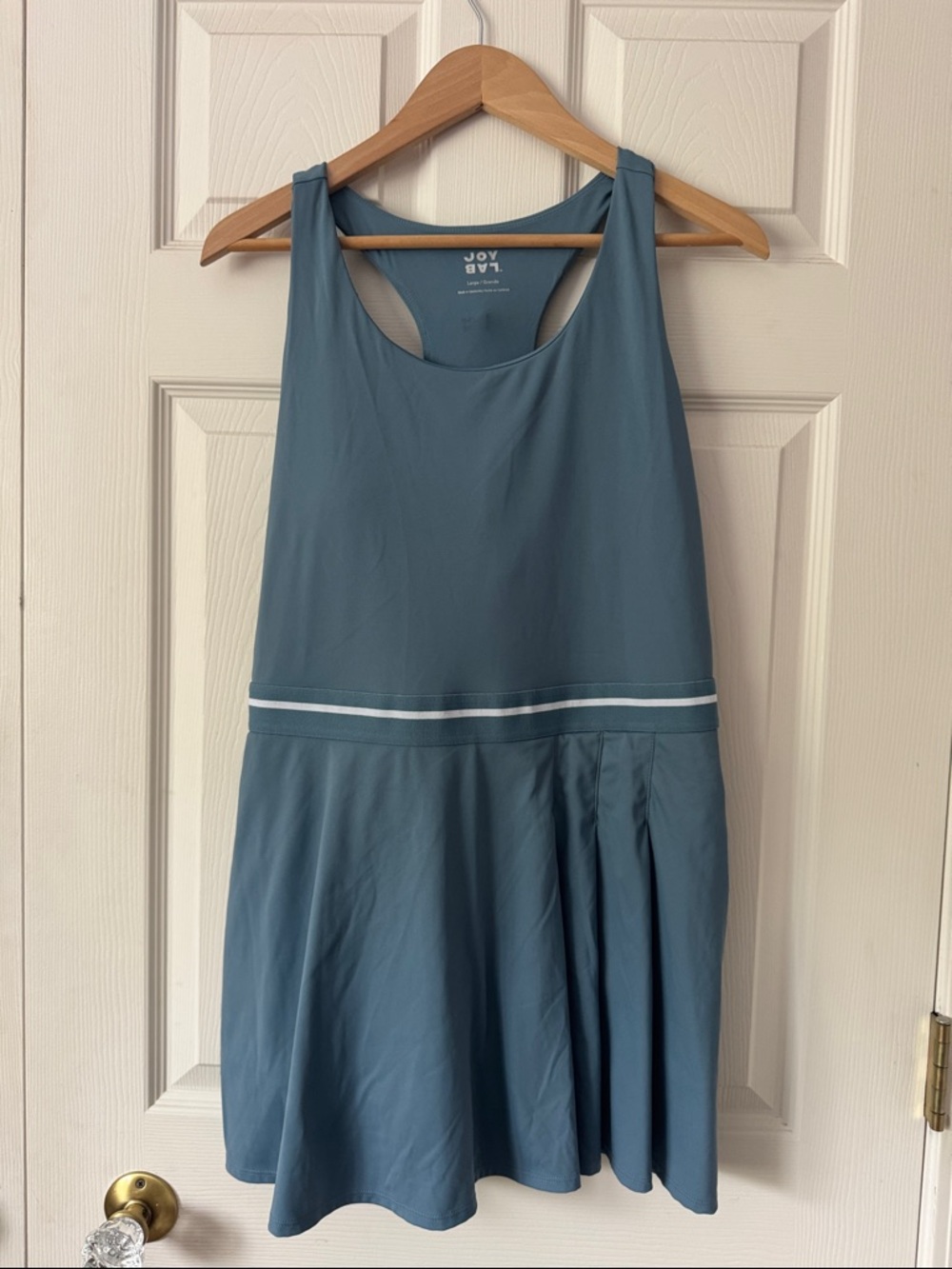 JoyLab Dusty Blue Racerback Tennis Dress with White Waist Stripe